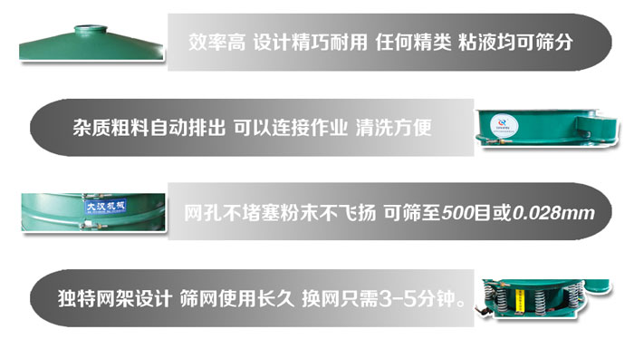 直徑1000mm振動篩的特點(diǎn)：效率高，設(shè)計精巧耐用，任何精類，粘液均可篩分，雜質(zhì)粗料自動排出，可以連接作業(yè)，清洗方便。網(wǎng)孔不堵塞粉末不飛揚(yáng)，可篩至500目或0。028mm篩網(wǎng)使用長久，換網(wǎng)只需3-5分鐘。