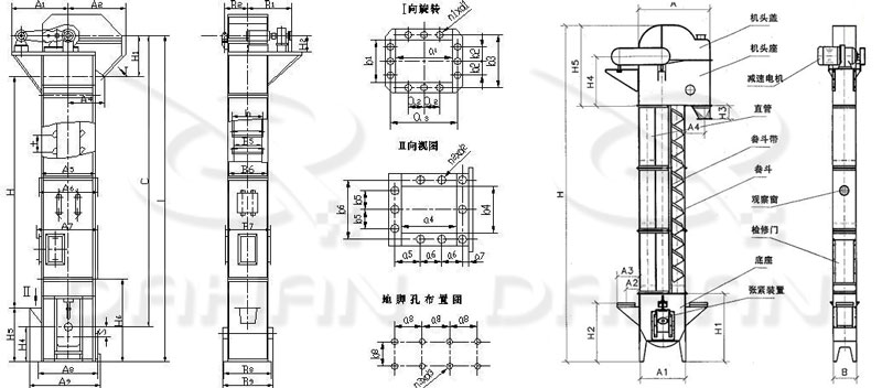 TD/D型斗式提升機(jī)基本結(jié)構(gòu):機(jī)頭蓋，機(jī)頭座，減速電機(jī)，直管，底座，緊張裝置等。