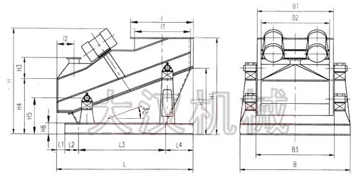 ZSG礦用振動篩外形示意圖：B為礦用振動篩寬度，L為礦用振動篩長度。H為礦用振動篩高度等。
