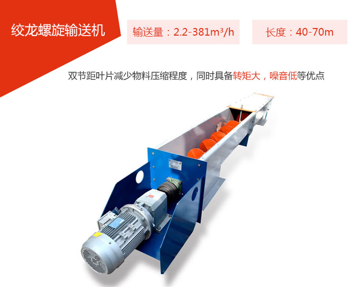 絞龍螺旋輸送機(jī)輸送量：2.2-381m3/h 長(zhǎng)度：40-70m 雙節(jié)距葉片減少物料壓縮程度，同時(shí)具備轉(zhuǎn)矩大，噪音低等優(yōu)點(diǎn)。