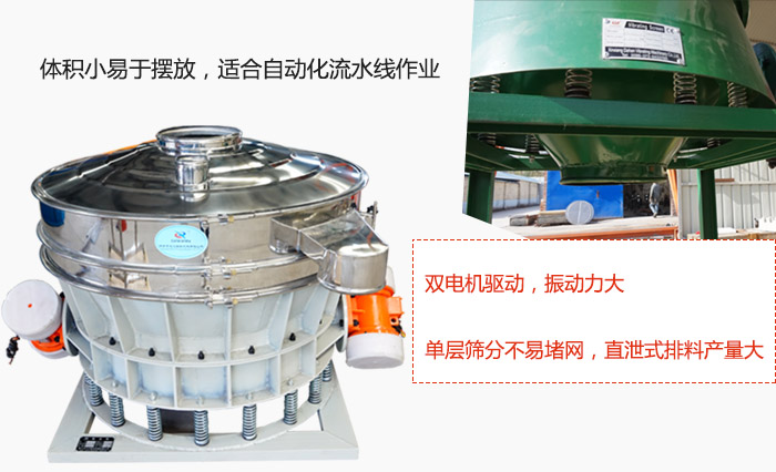 雙電機驅(qū)動，振動力大，單層篩分不易堵網(wǎng)，直泄式排料產(chǎn)量大