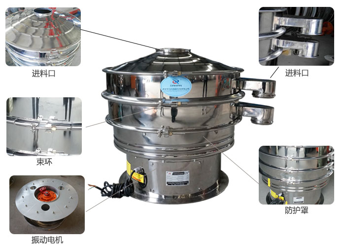 全不銹鋼振動篩細節(jié)：束環(huán)，進料口，出料口，振動電機，防護罩等。